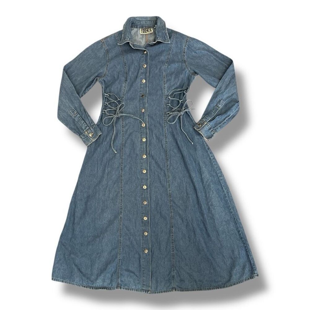 Vintage Forenza Denim Jean Tie Dress 100% Cotton Full Button Front Size 10